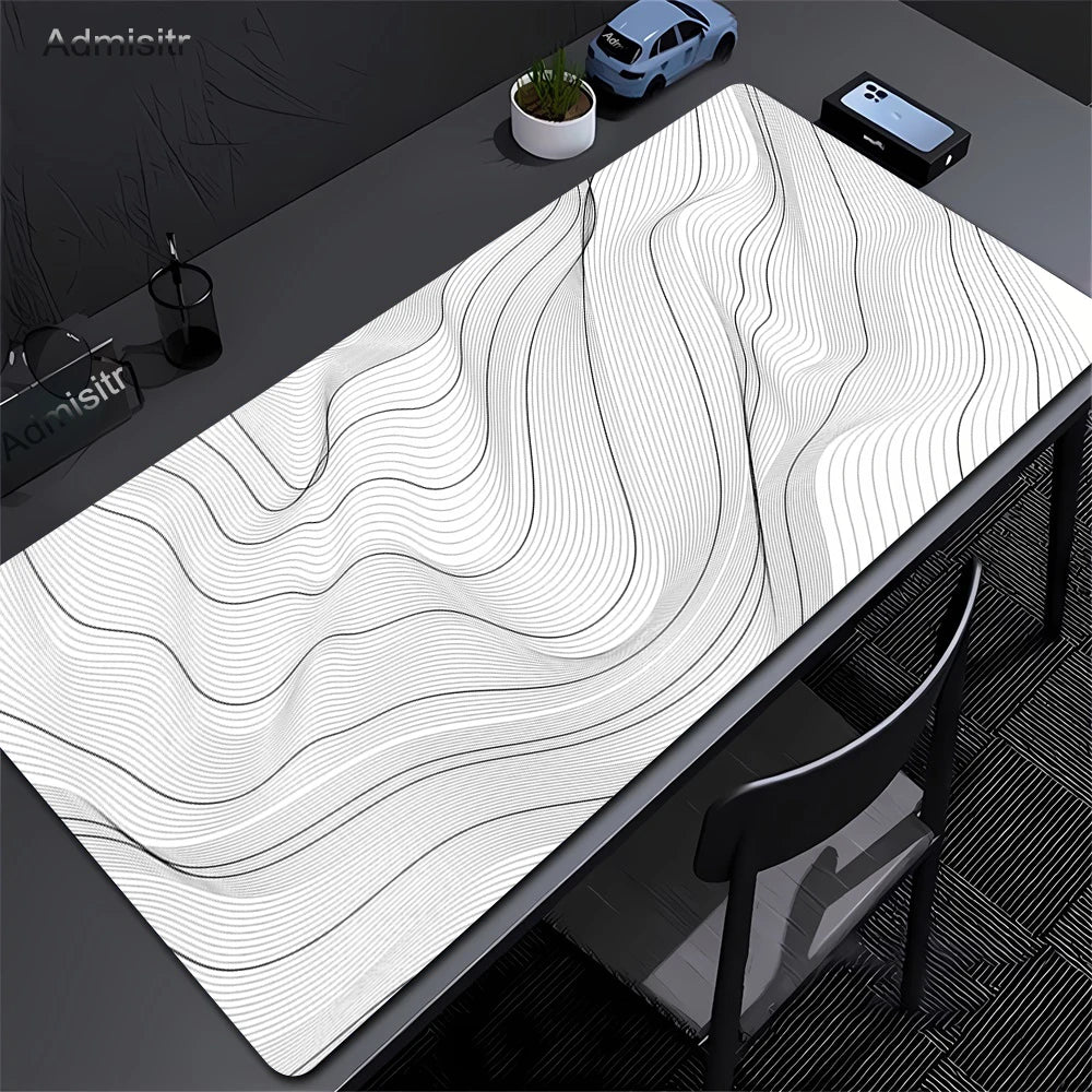 XXL Strata Liquid Abstract Gaming Desk Mat — Black & White, Locked Edge, Non-Slip