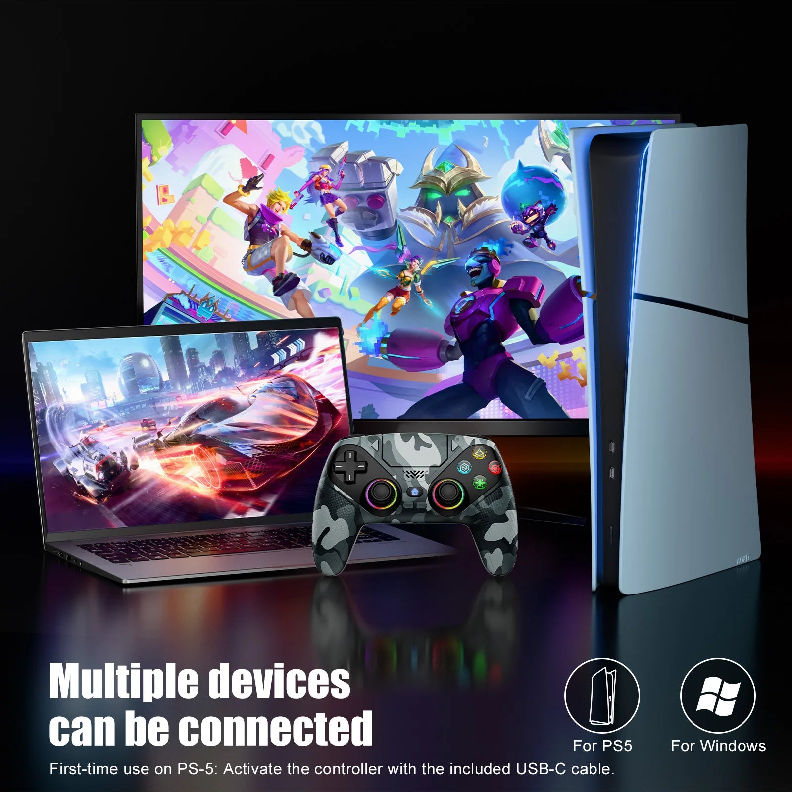 RGB Wireless Gaming Controller PS5 PS5 Pro PC Hall Effect Anti-Drift Macro Turbo