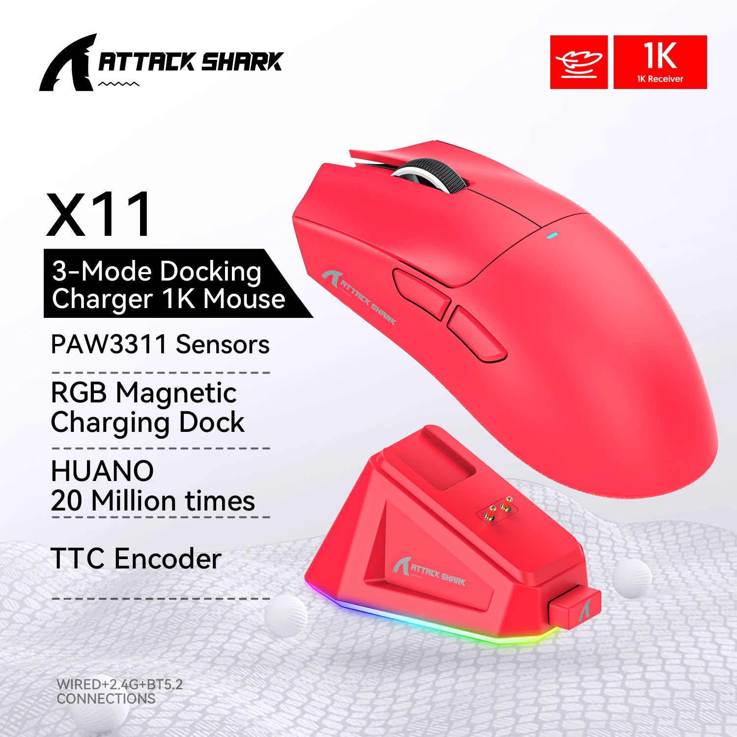 ATTACK SHARK X11 Gaming Mouse Tri-Mode PAW3311 22000 DPI Magnetic Charging Lightweight