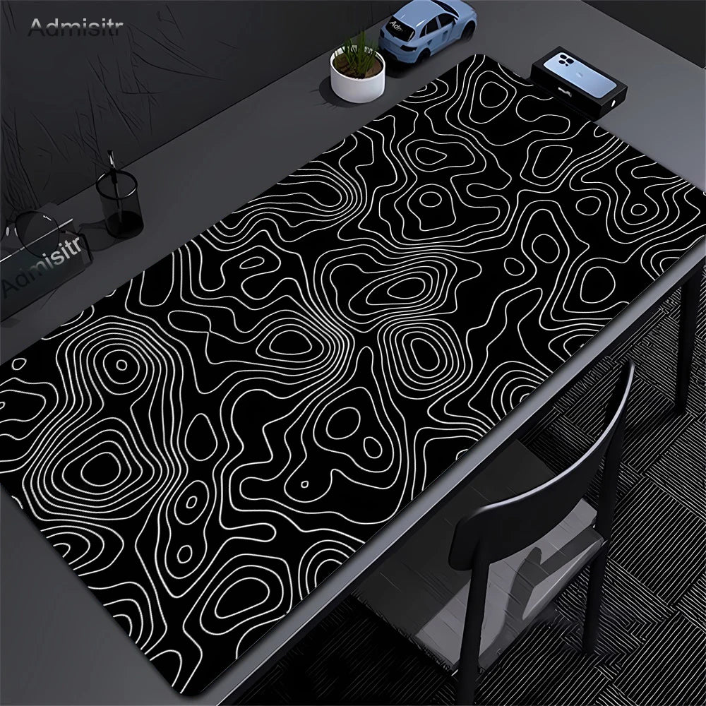 XXL Strata Liquid Abstract Gaming Desk Mat — Black & White, Locked Edge, Non-Slip