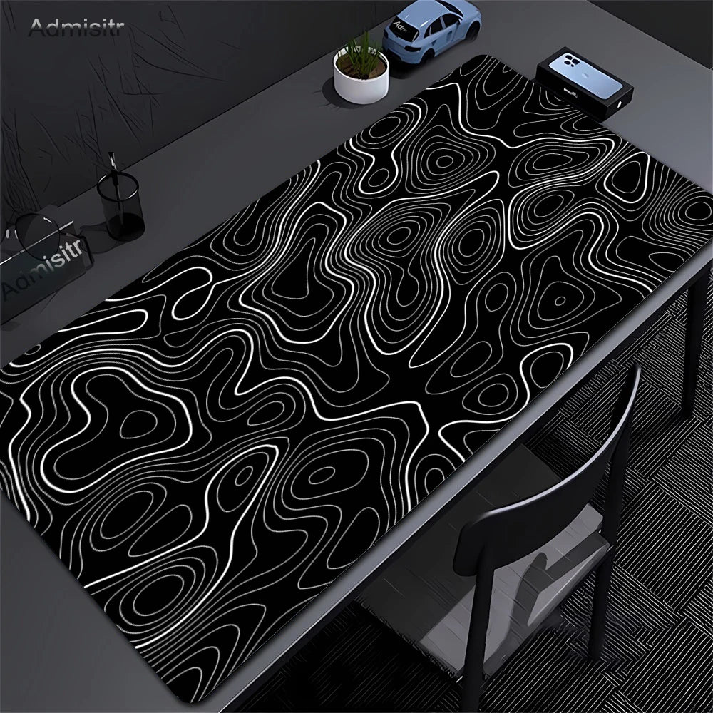 XXL Strata Liquid Abstract Gaming Desk Mat — Black & White, Locked Edge, Non-Slip