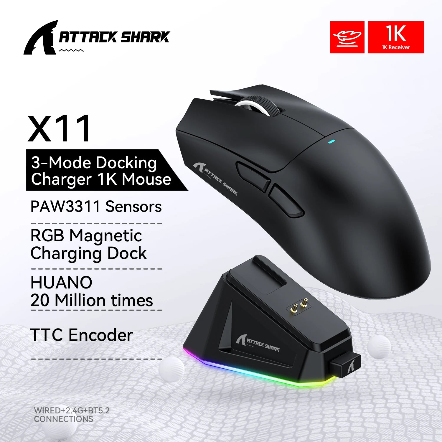 ATTACK SHARK X11 Gaming Mouse Tri-Mode PAW3311 22000 DPI Magnetic Charging Lightweight