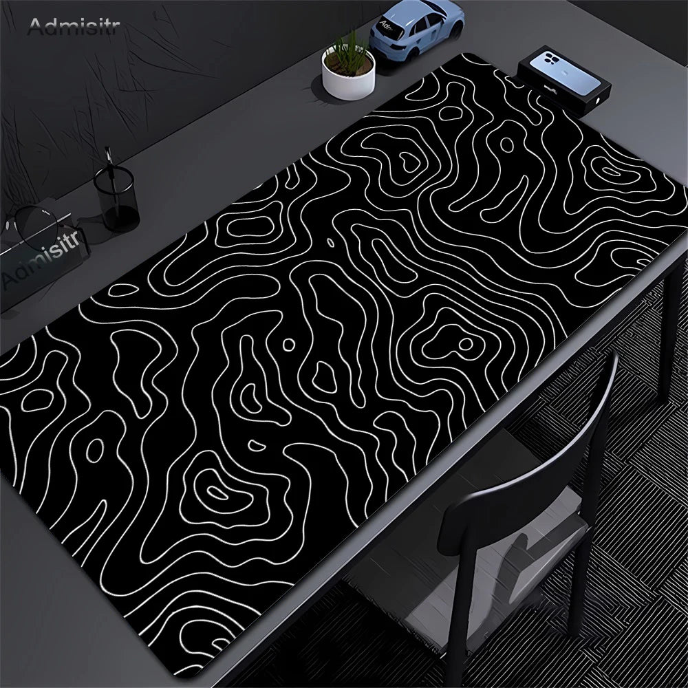 XXL Strata Liquid Abstract Gaming Desk Mat — Black & White, Locked Edge, Non-Slip
