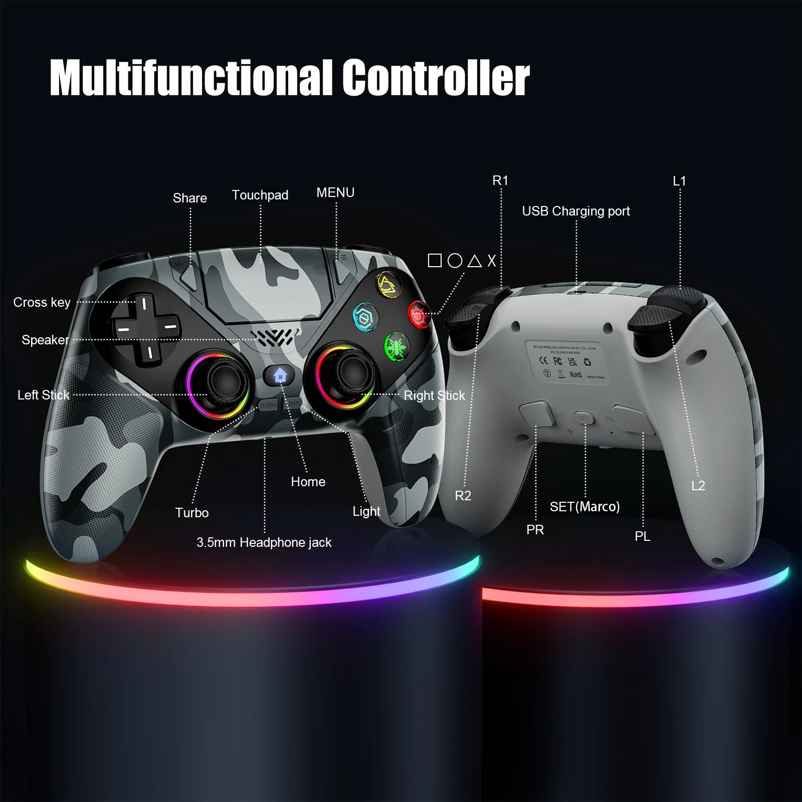 RGB Wireless Gaming Controller PS5 PS5 Pro PC Hall Effect Anti-Drift Macro Turbo