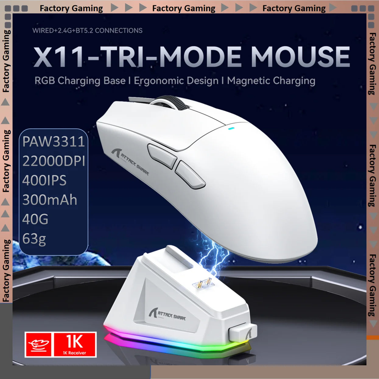ATTACK SHARK X11 Gaming Mouse Tri-Mode PAW3311 22000 DPI Magnetic Charging Lightweight