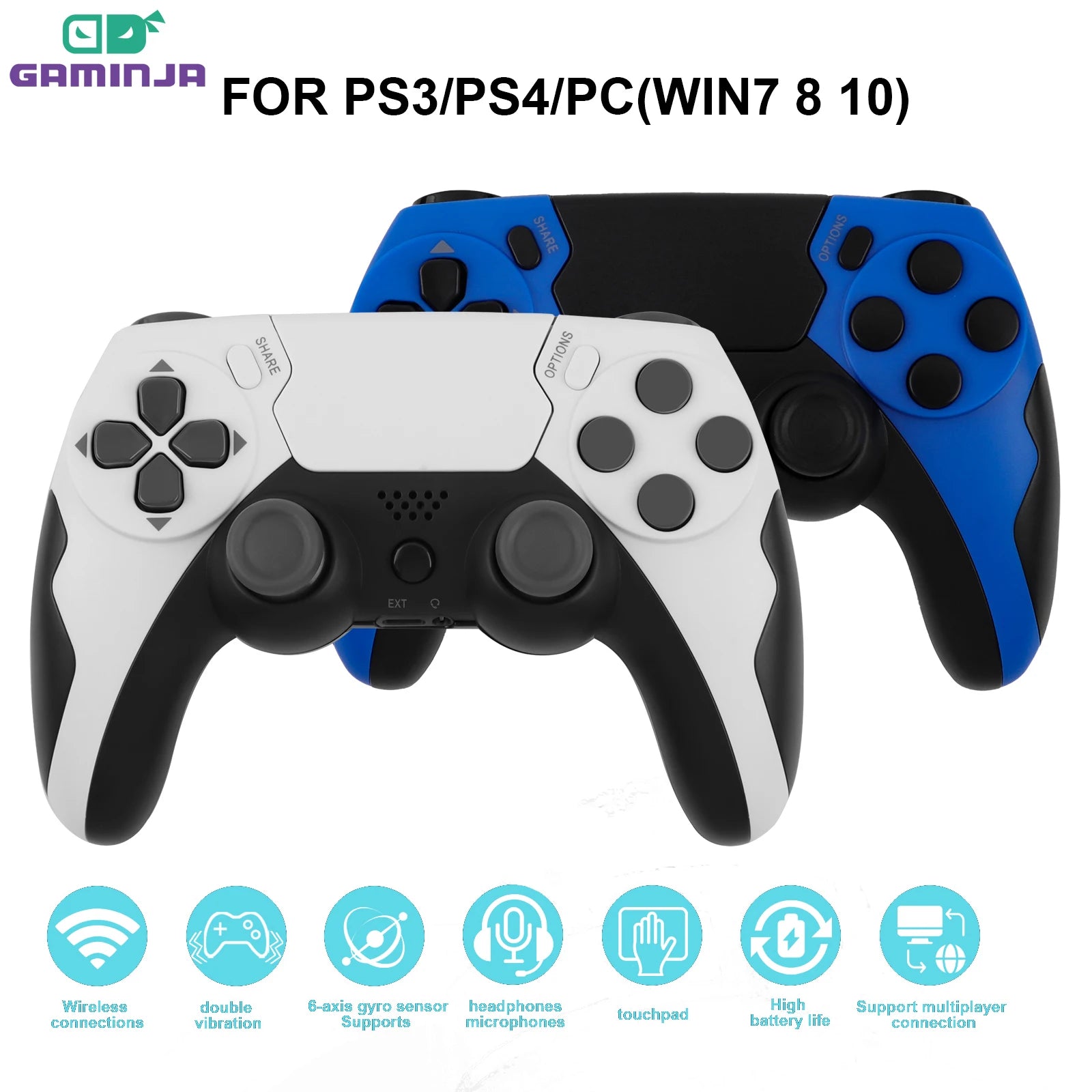 GAMINJA Wireless Gaming Controller PS4 PS3 PC Dual Vibration 6-Axis Gyroscope